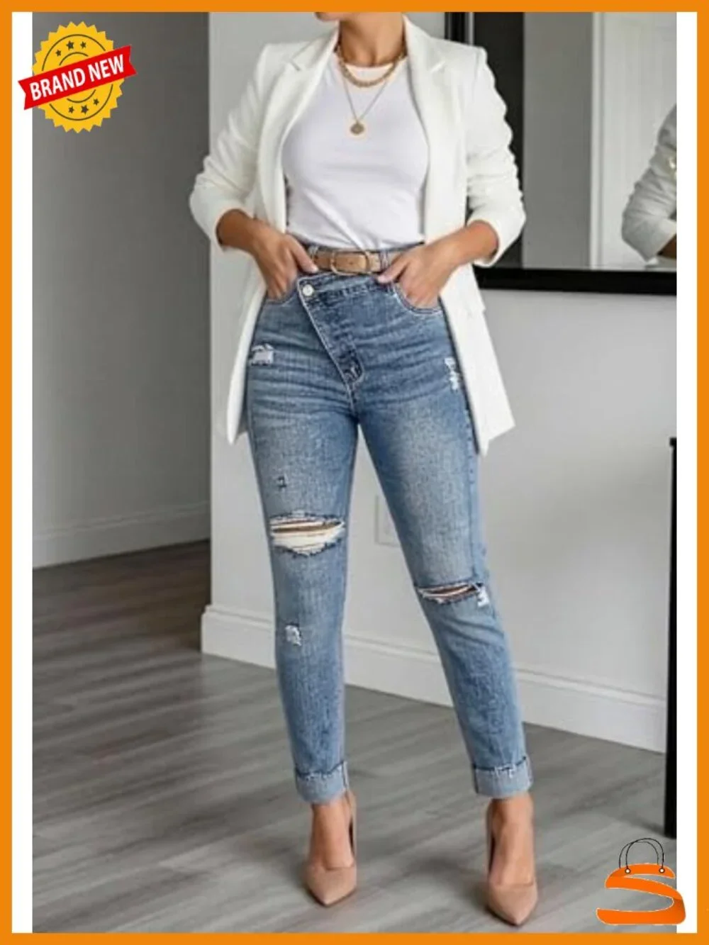 Cuffed Ripped Skinny Stretchy Denim Jeans Y2K Distressed